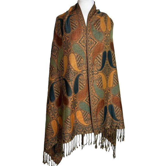Paisley Fall Colors Scarf Shawl Wrap Gold Brown Green Woven Fringe 28" X 75.5" - Picture 1 of 9